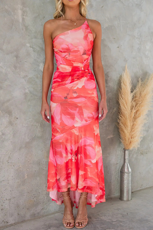 Levoire | Robe longue, extensible et plissée à imprimé floral avec superposition de maille