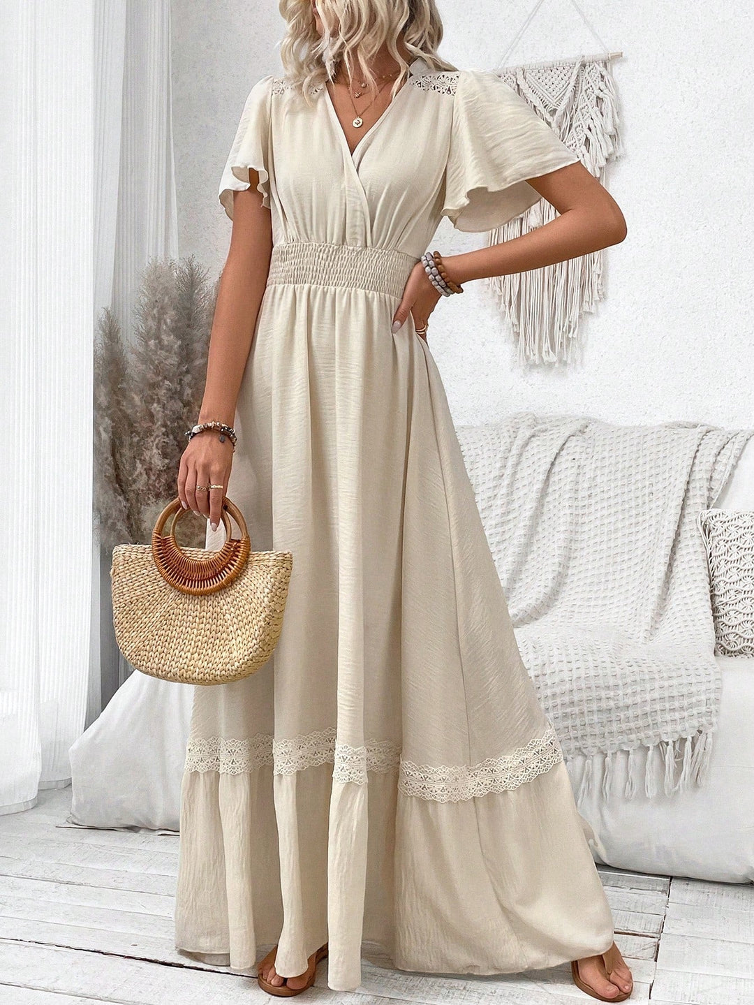 Levoire | Boho V-Décolleté Maxi Robe À Manches Courtes Pour Femmes Abricot