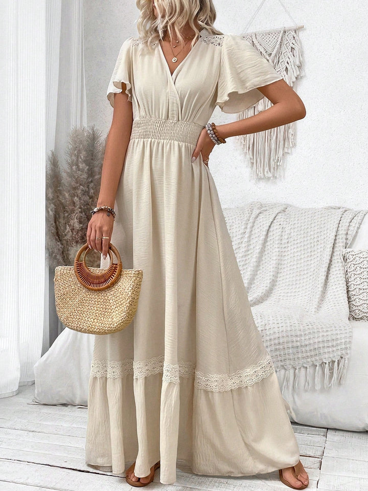 Levoire | Boho V-Décolleté Maxi Robe À Manches Courtes Pour Femmes Abricot