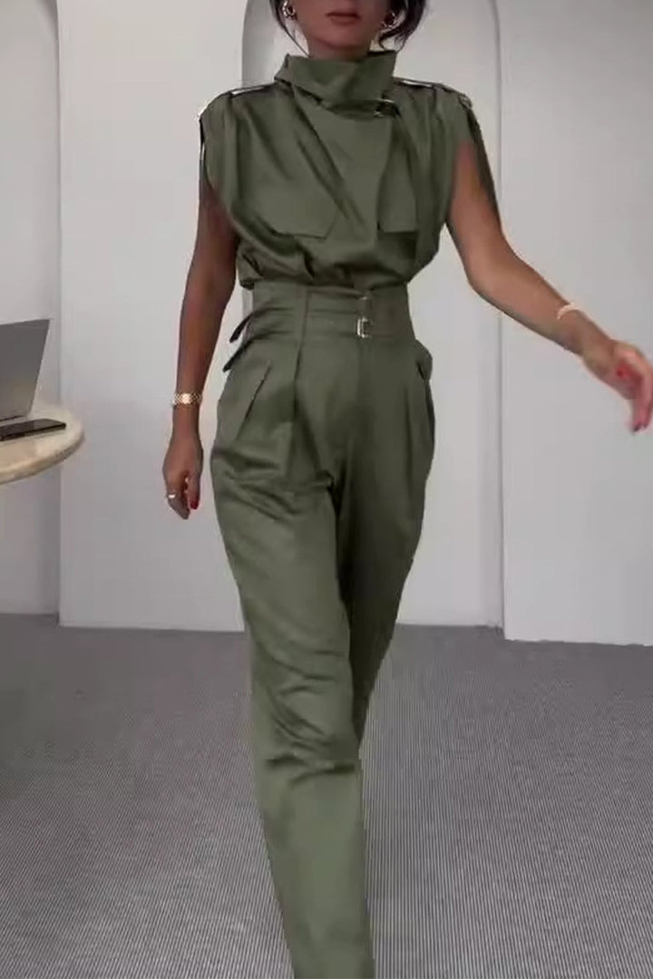 Levoire | Rue Élégante Solide Patchwork Col Roulé Jumpsuits Réguliers Vert armée