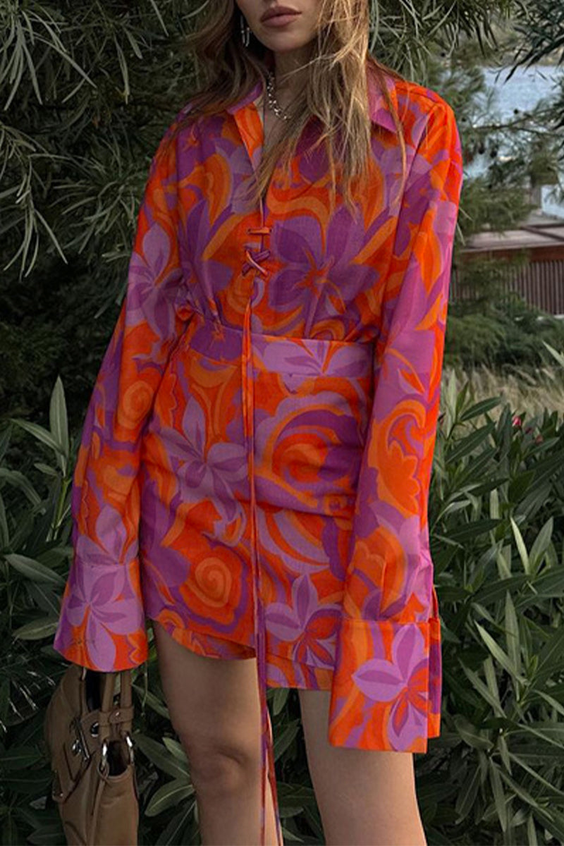 Levoire | Élégante Robe Chemise À Col Rabattu Avec Des Fleurs Orange