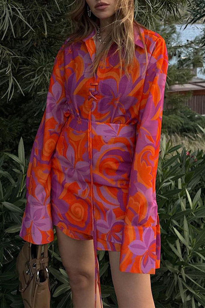 Levoire | Élégante Robe Chemise À Col Rabattu Avec Des Fleurs Orange