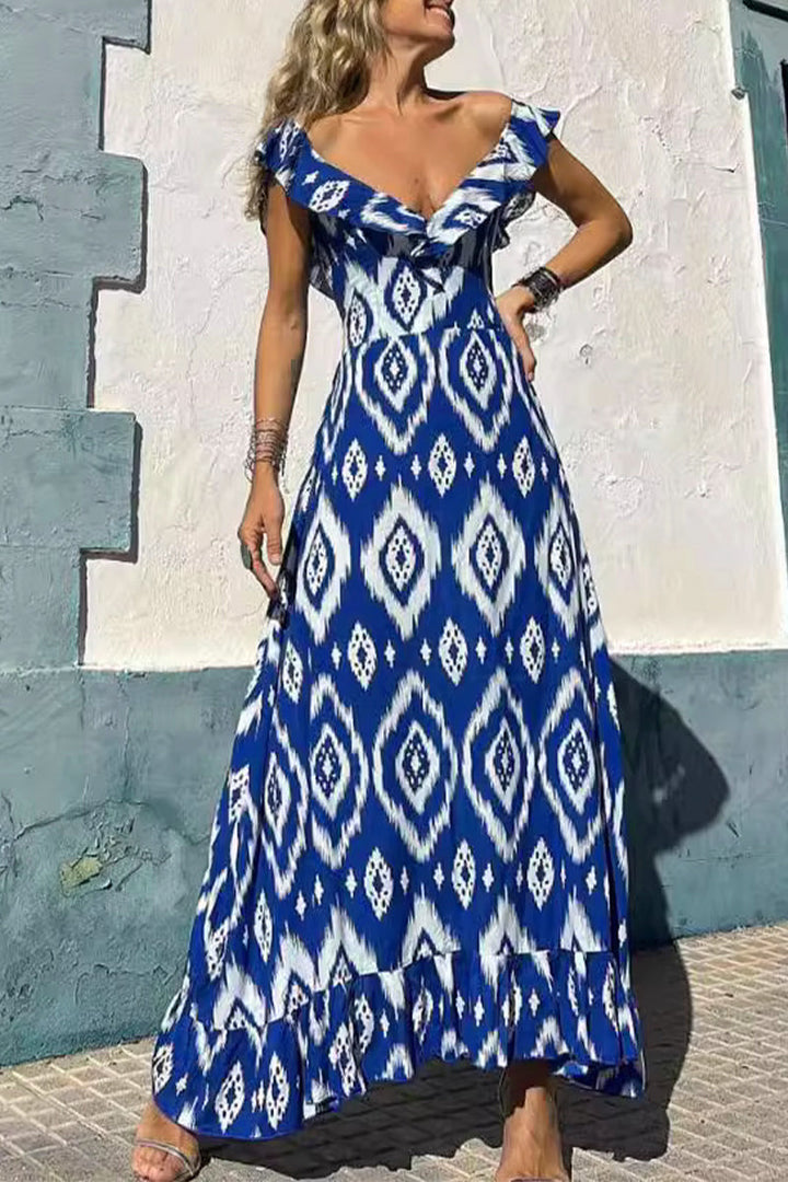 Levoire | Robe Alinien En V À Imprimé Géométrique Sexy Bleu