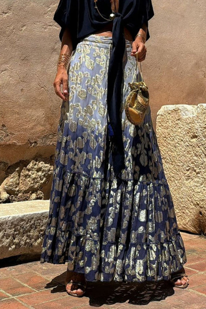 Levoire | Élégante Impression De Fleurs Froncées Contraste Taille Haute Décontractée Type A Imprimé Intégral Pantalon Violet foncé