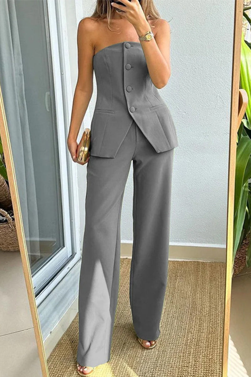 Levoire | Sexy Simplicité Uni Boutons Sans Manches Sans Bretelles Deux Pièces Gris