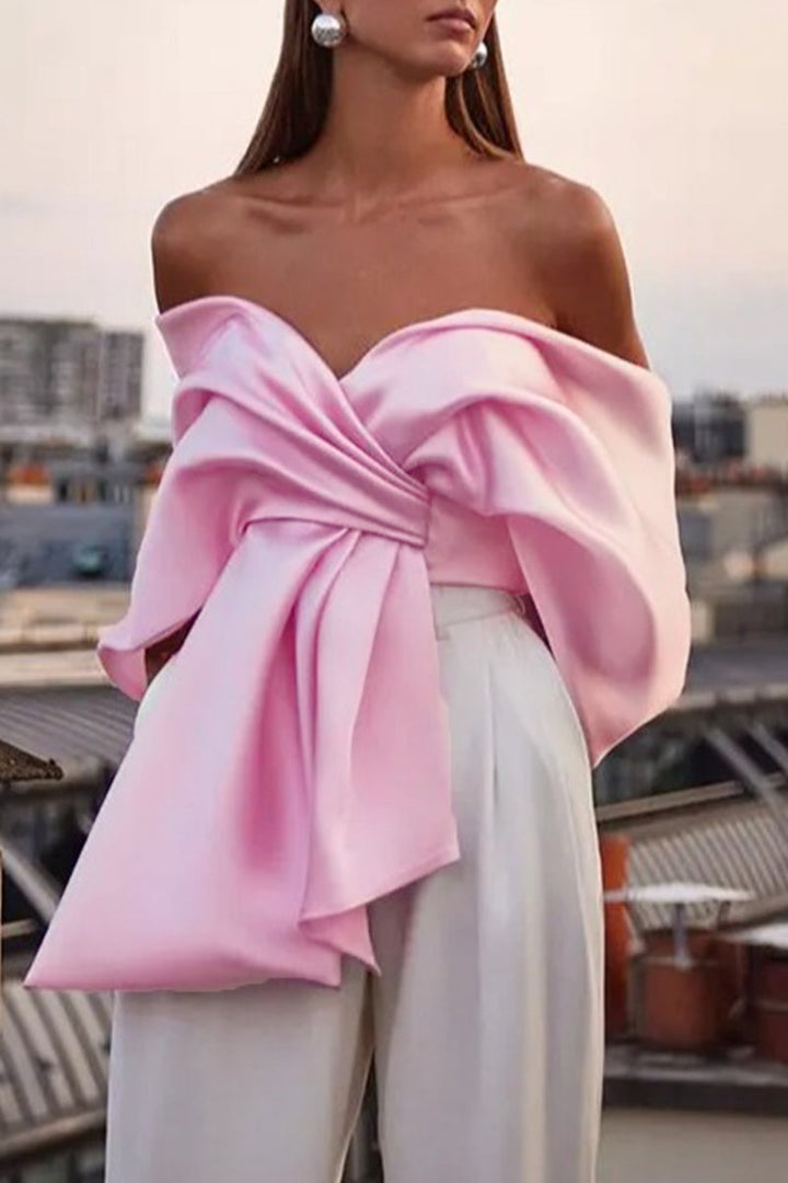 Levoire | Sweet Solid Asymmetrical Top With Bow And V-Neck Rosa