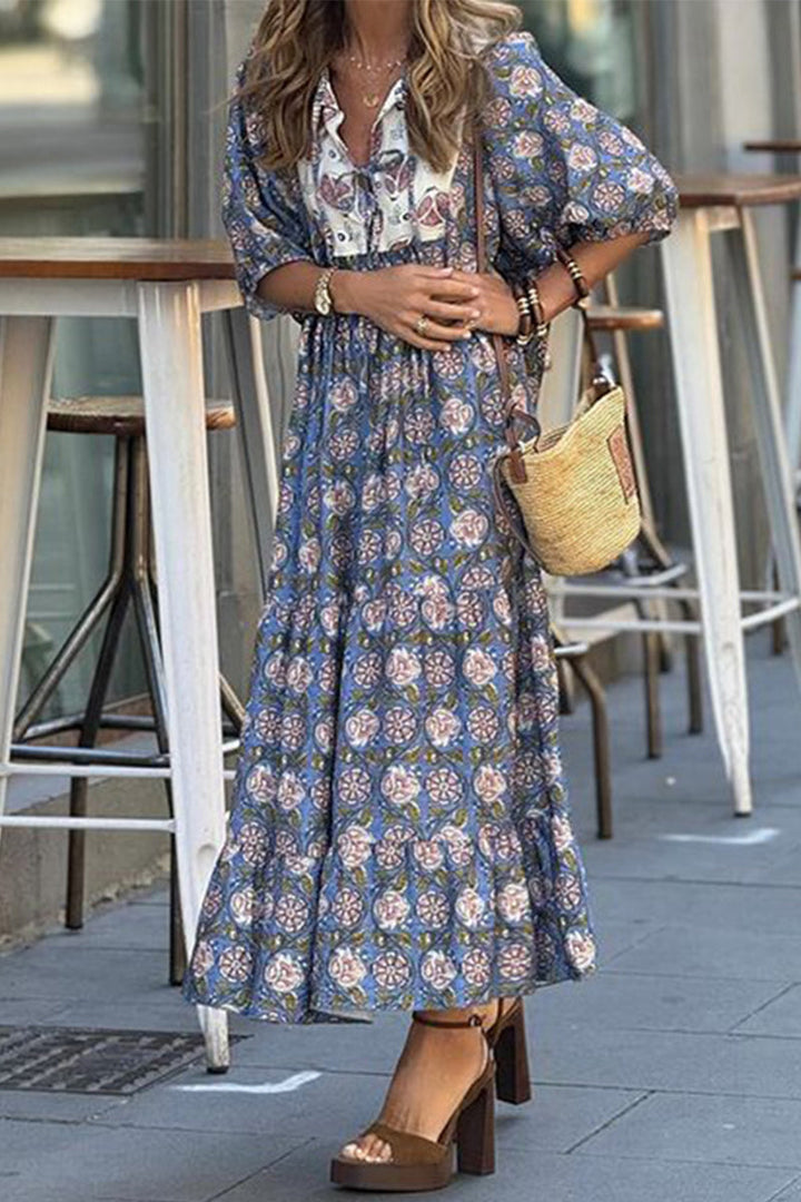 Levoire | Robe A-Ligne À Col Rabattable En Patchwork Floral Bohemian À Motif Tridimensionnel Bleu