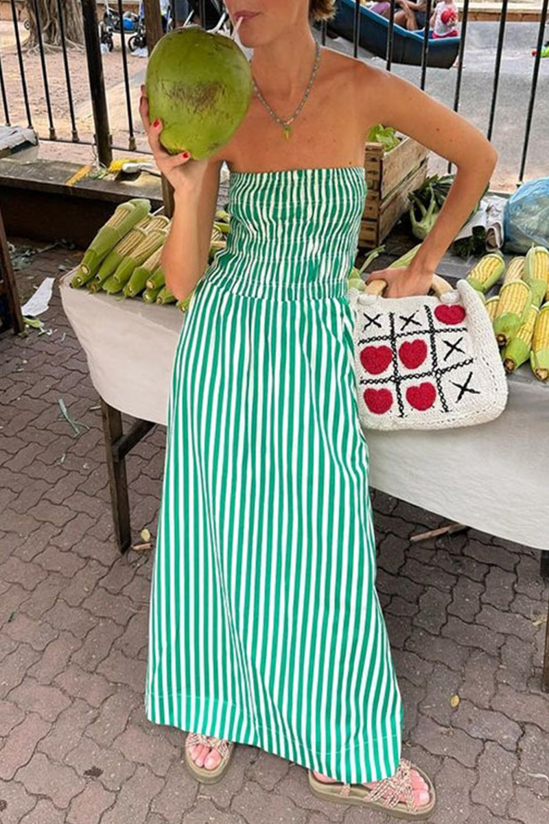 Levoire | Robe Imprimée Sans Bretelles À Rayures Décontractée Quotidienne Avec Contraste D'Impression Vert