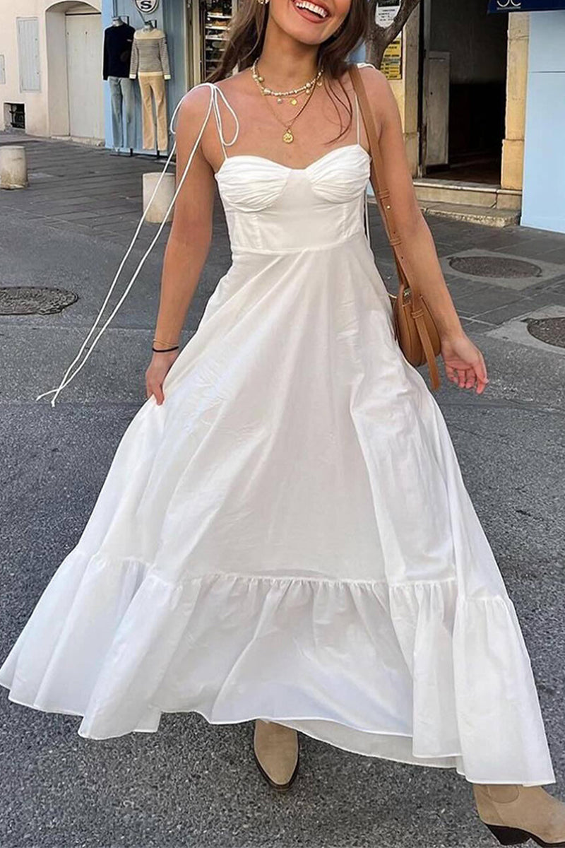Levoire | Robe À Bretelles Décontractée Quotidienne Unie À Lacets Avec Volants Froncés Et Encolure En V Blanc