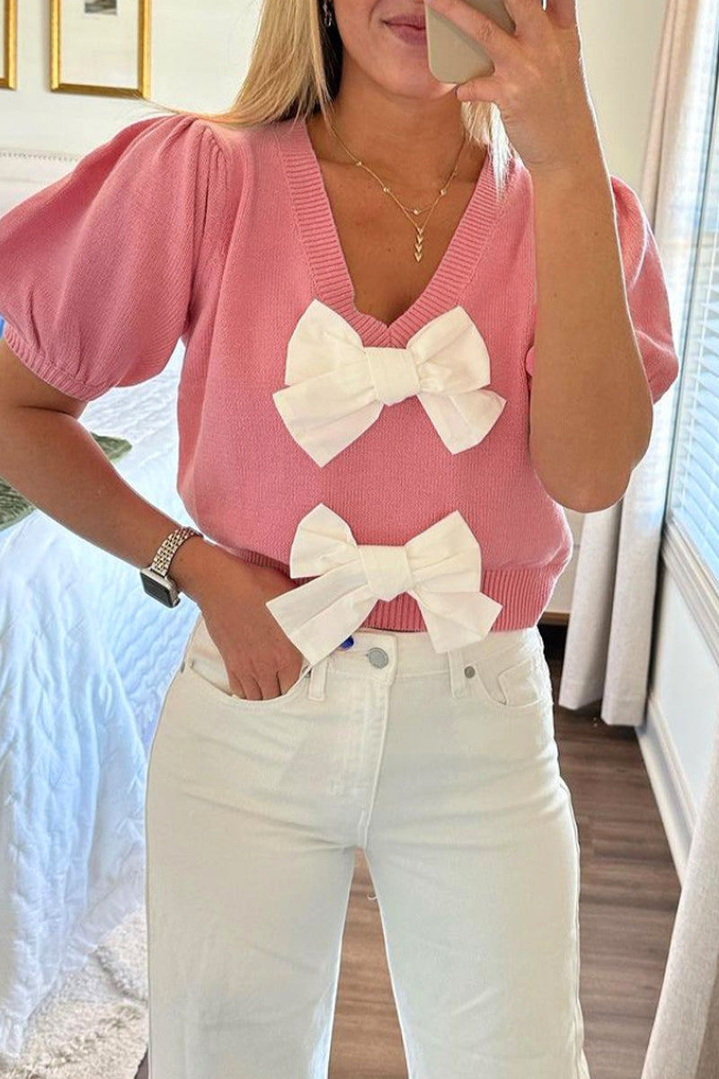 Levoire | Pull Décontracté Quotidien Uni Avec Décor En Nœud Et Décolleté En V Rosa