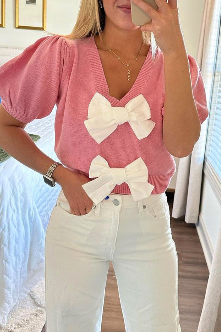 Levoire | Pull Décontracté Quotidien Uni Avec Décor En Nœud Et Décolleté En V Rosa