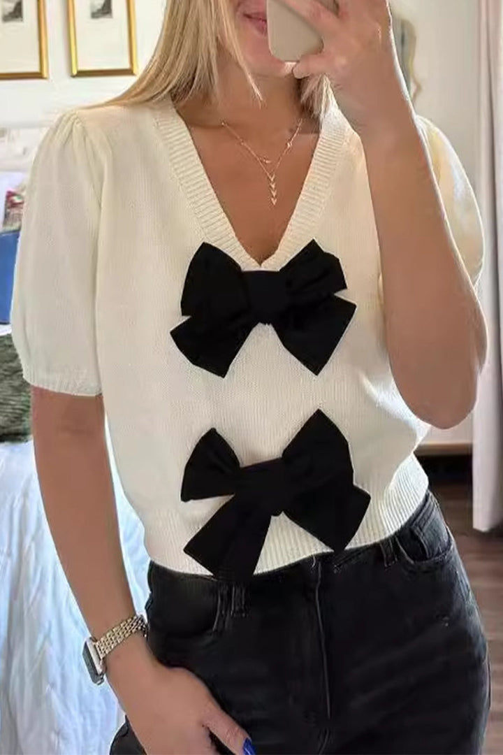 Levoire | Pull Décontracté Quotidien Uni Avec Décor En Nœud Et Décolleté En V Blanc