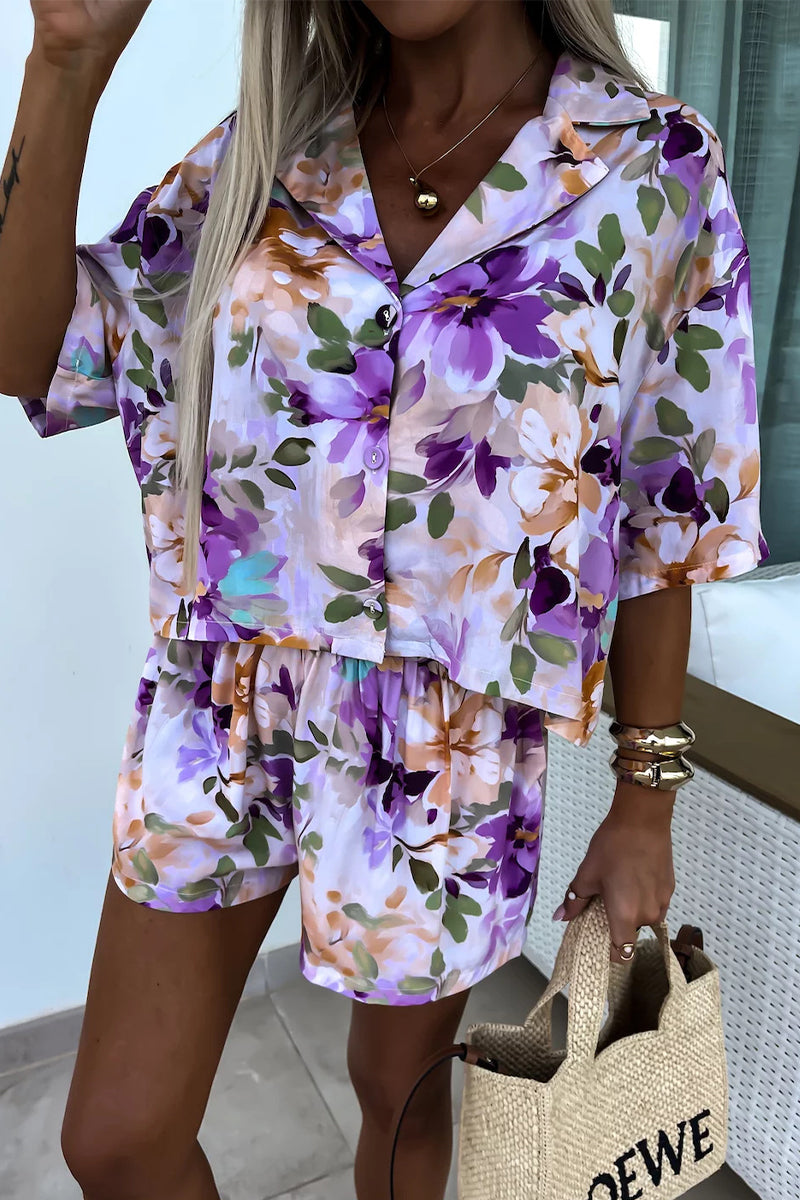 Levoire | Vêtements Décontractés À Fleurs Des Rues Motifs Patchwork Col Rabattable Manches Courtes Deux Pièces