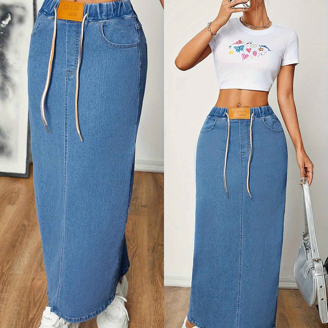 Levoire | Lavé Bleu Maxi Jean Jupe Avec Dos Fendu Et Ceinture À Nouer
