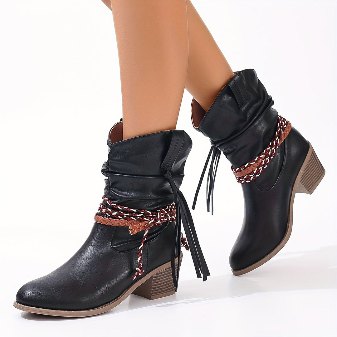 Levoire | Bottes Cowboy Pour Femmes Avec Pompon Et Sangle Tressée Noir