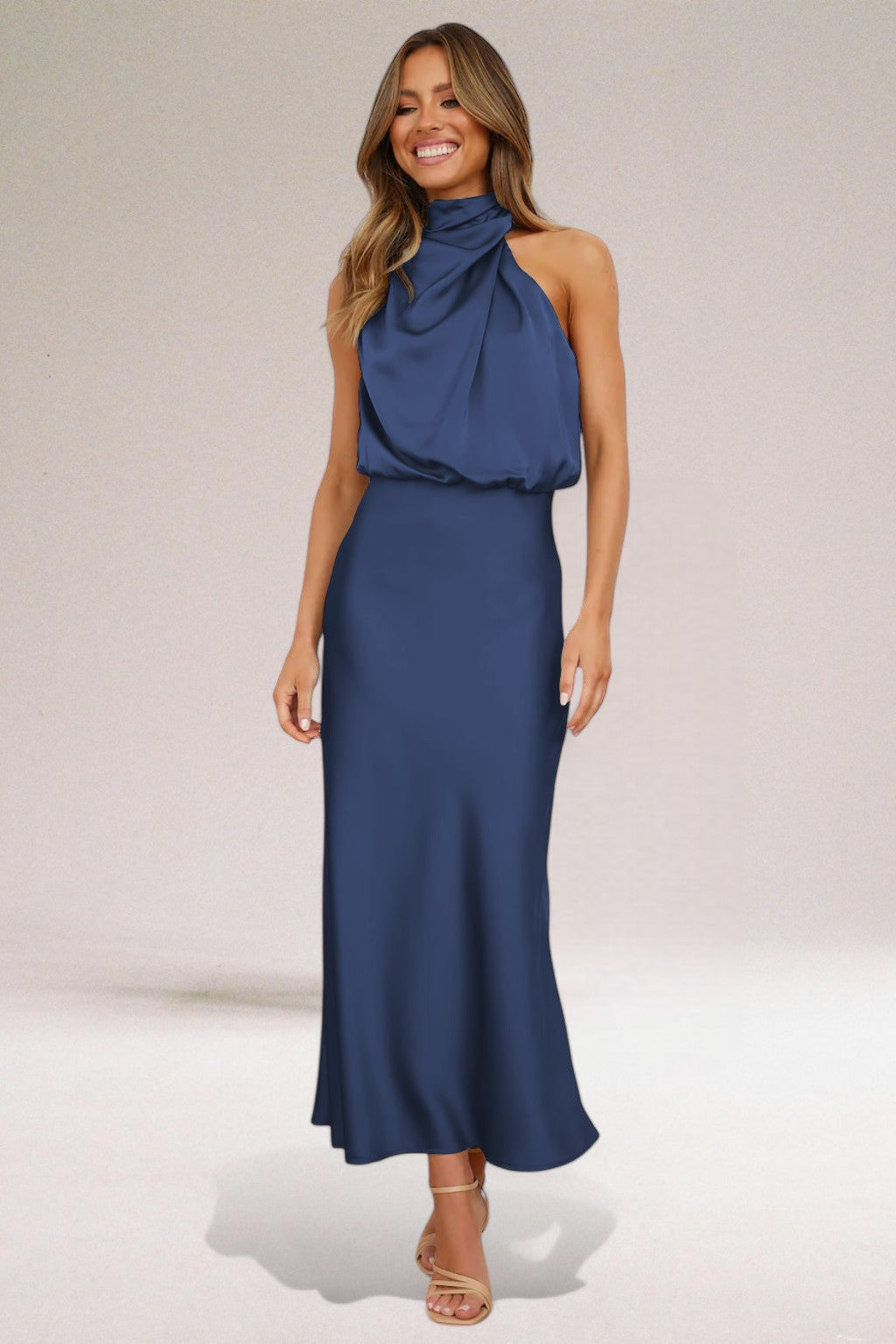 Levoire | Élégant Robe Maxi Halter En Satin Pour Femmes Bleu marine