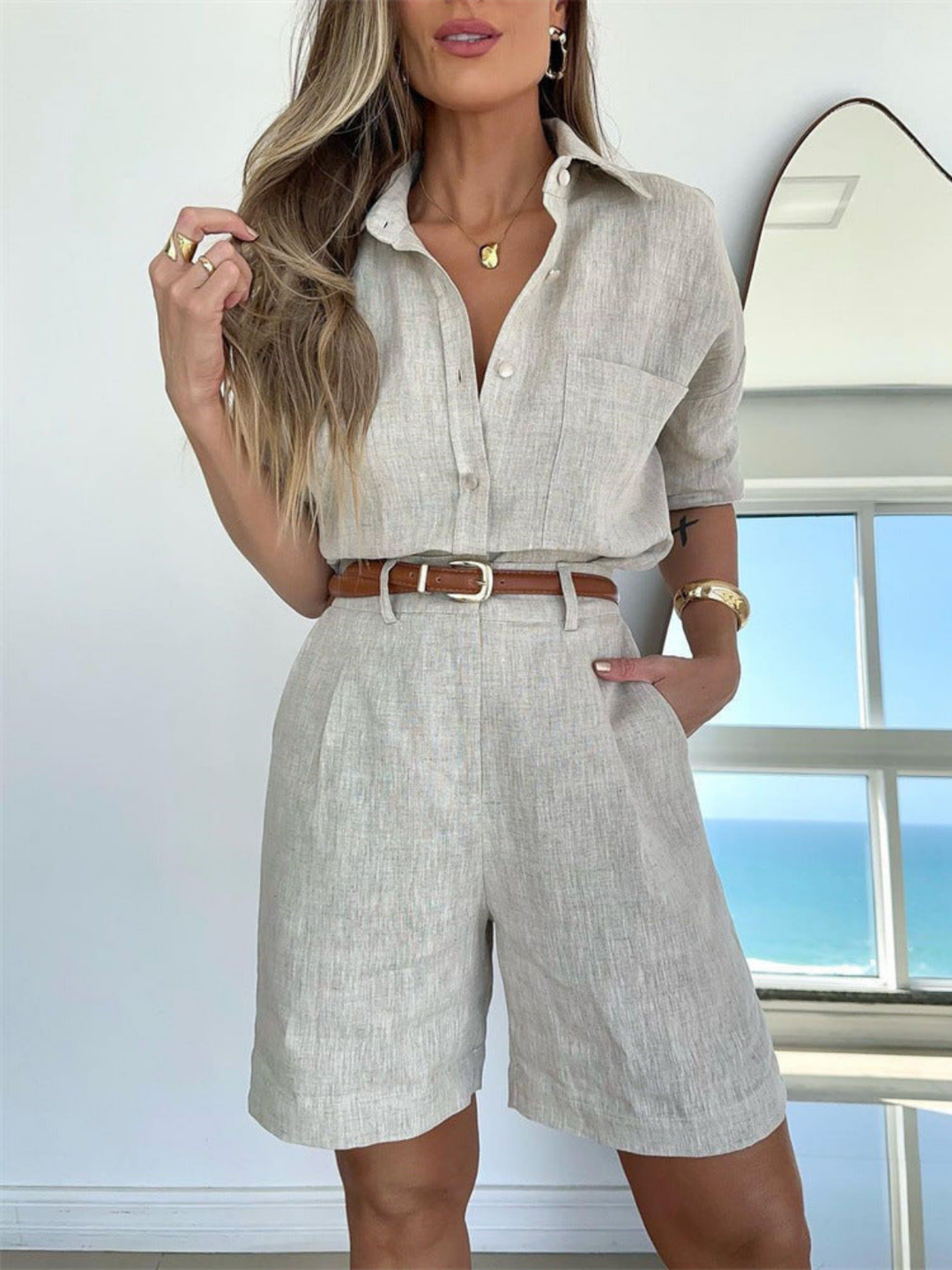 Levoire | Élégance Shorts & Chemise Tenue Appropriée Gris clair
