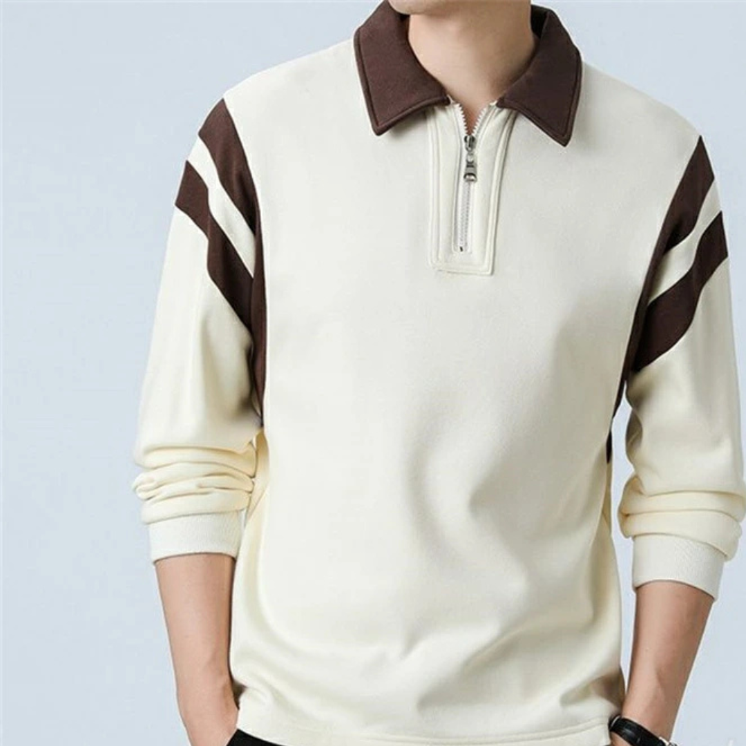 Levoire | Noam Hommes Polo À Manches Longues T-Shirt Avec Fermeture Éclair Blanc