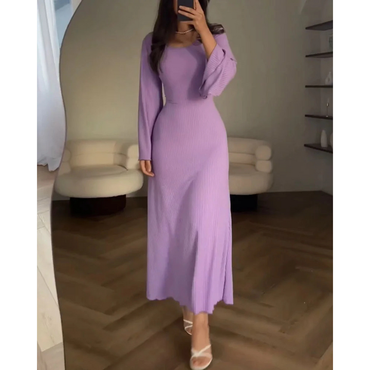 Levoire | Robe D'Invitée De Mariage Pour Femme À Manches Longues Et À Côtes - Maxi Pourpre