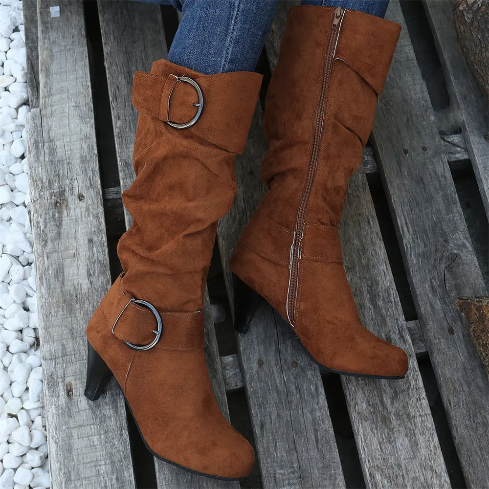 Levoire | Bottes Hautes Femme à Talon, Détail Clouté, Aspect Cuir Écrasé Braun