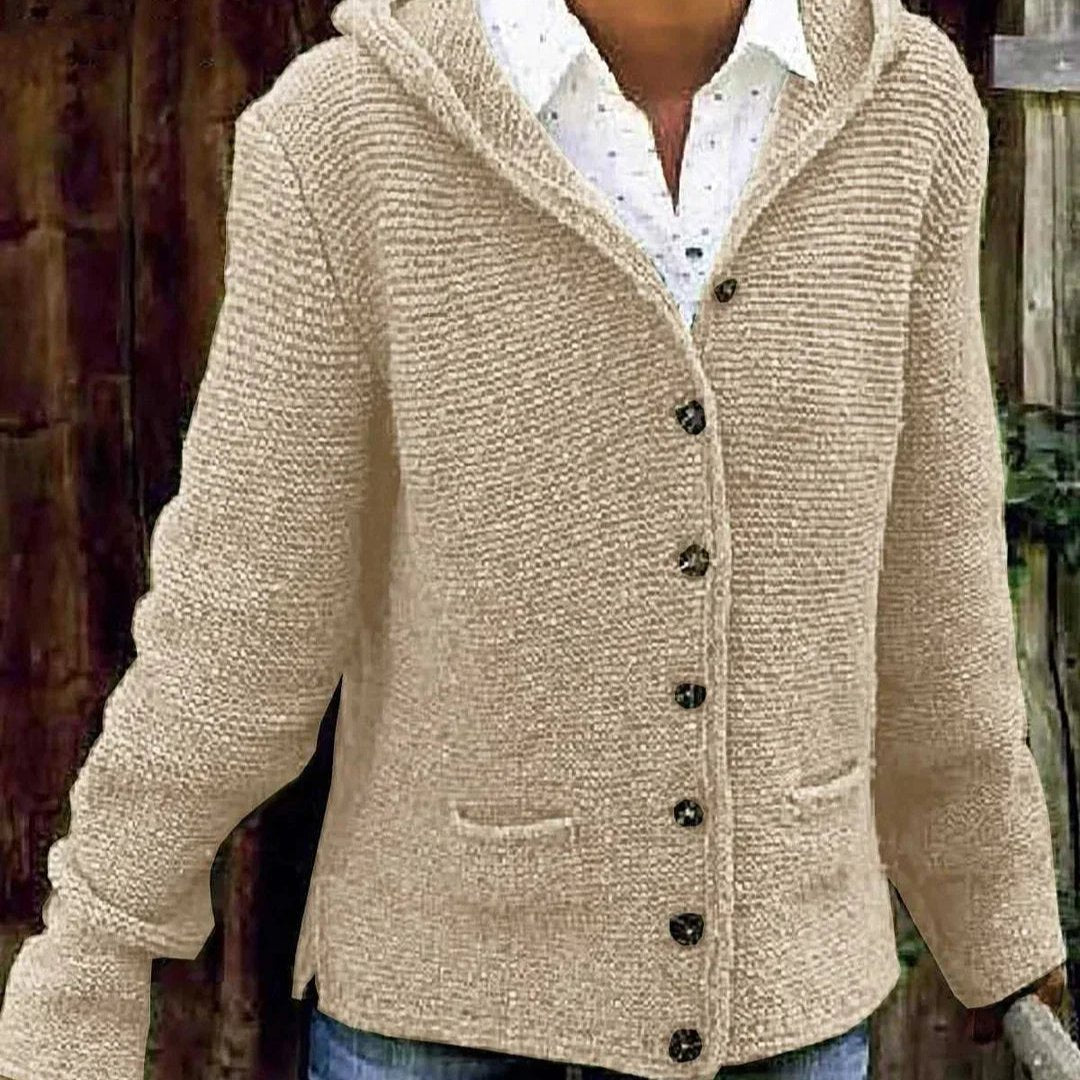 Levoire | Veste tricotée à capuche à manches longues avec bouton Kaki