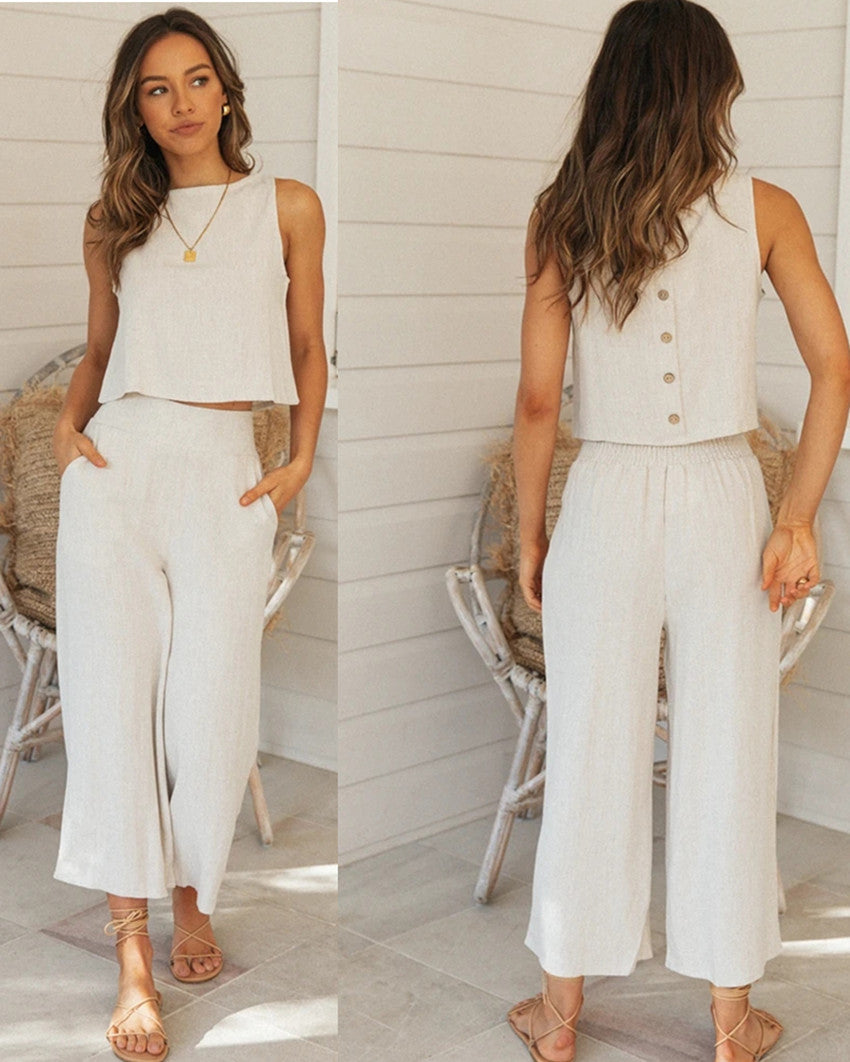 Ensemble décontracté féminin à deux pièces avec haut court et pantalon large Style Levoire