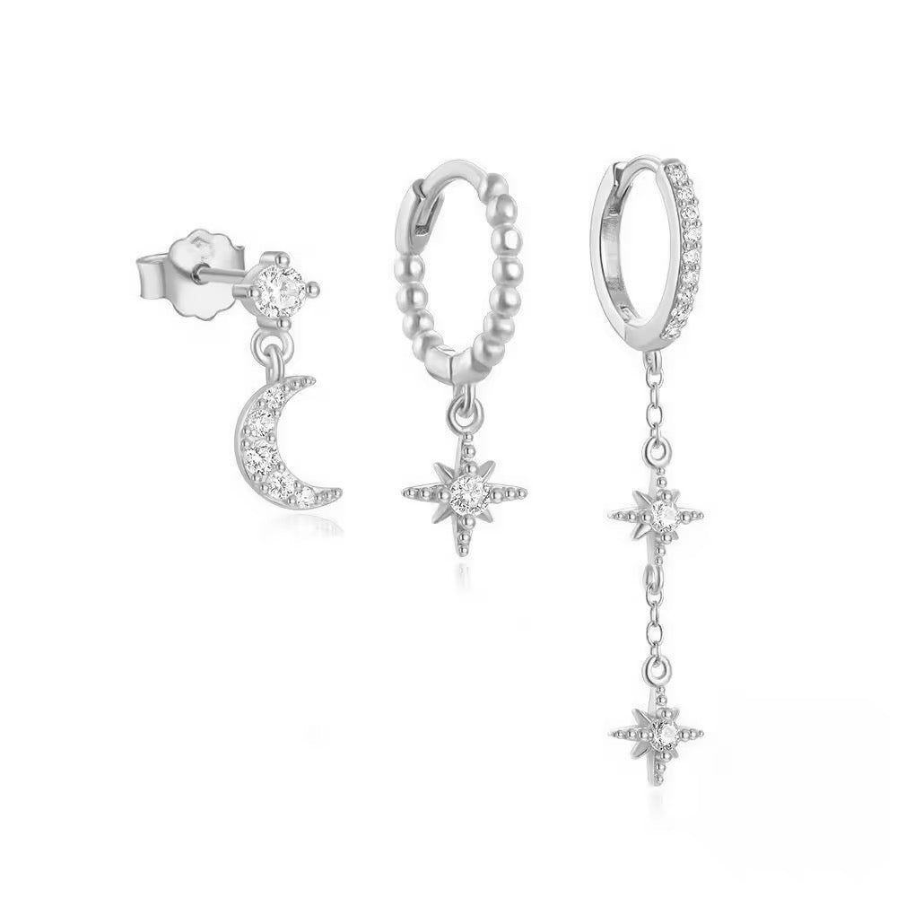 Levoire | Collection De Boucles D'Oreilles Dorées Lune & Étoiles Argent
