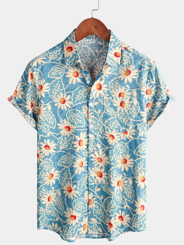 Levoire | Chemise En Coton Fleuri À Manches Courtes Bleu