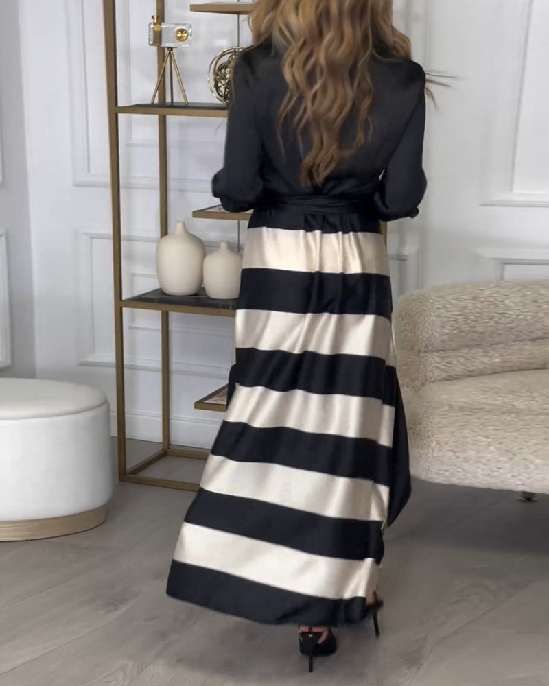 Levoire | Robe Élégante À Rayures Imprimées Avec Revers Et Ceinture