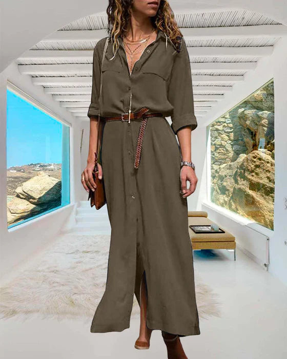 Levoire | Robe À Manches Longues Unie Avec Bouton Vert