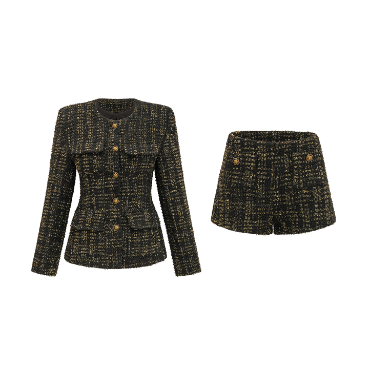 Levoire | Veste En Tweed Métallique Noire Et Short Ensemble Assorti Noir Ensemble