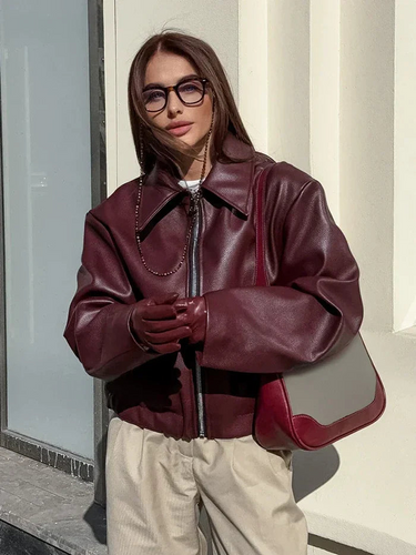 Levoire | Femme Veste en cuir rouge Veste en cuir vintage avec fermeture éclair pour femmes