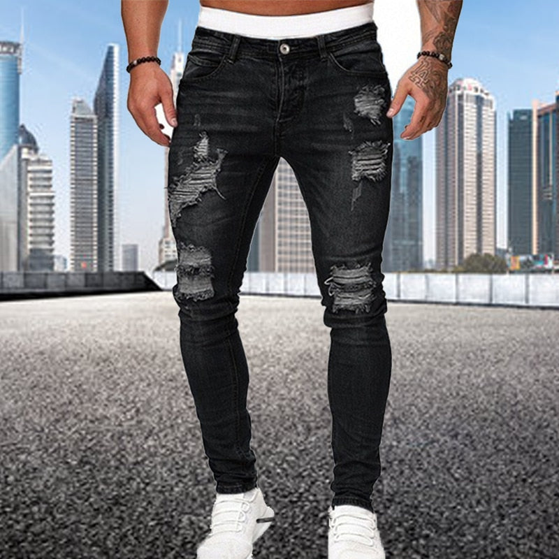 Levoire | Pantalon Hommes Tendance Slim Fit Jeans Déchirés Noir