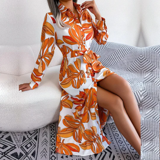 Levoire | Robe Chemise Avec Motif Floral Et Ceinture À La Taille Brun et blanc