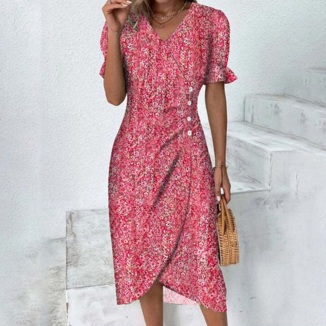 Levoire | Robe Midi Femme Avec Imprimé Floral Et Ruchés Rosa