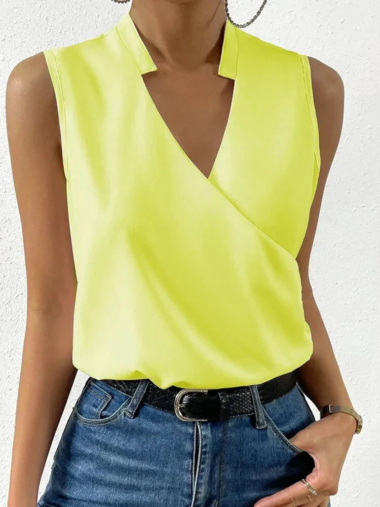 Levoire | Haut top sans manches élégant pour femmes d'été avec décolleté en V blouse décontractée pour femmes Jaune-vert