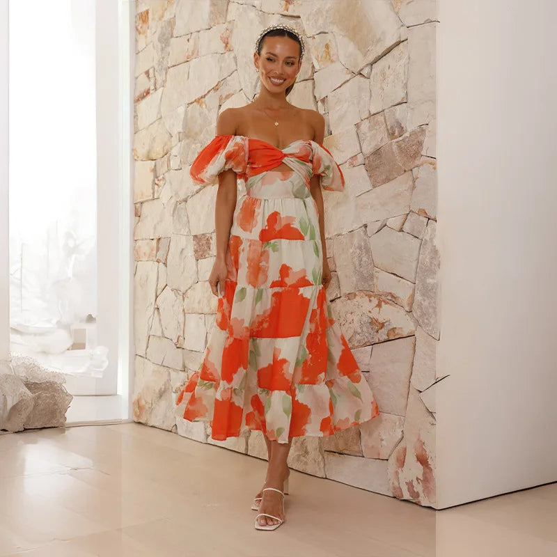 Levoire | Robe Avec Motif Floral, Manches Élégantes Et Un Décolleté Élégant Pour Femmes Orange