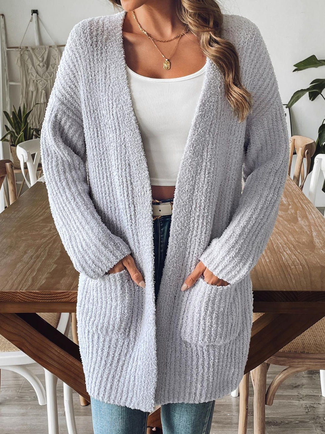 Levoire | Cardigan Ouvert Avec Fermeture À Nœud Manches Longues Gris