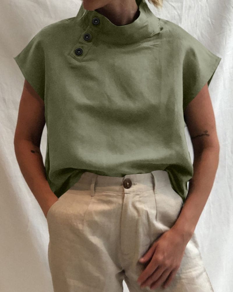 Levoire | Pompon En Coton Et Lin Avec Col Montant Et Patte De Boutonnage Vert
