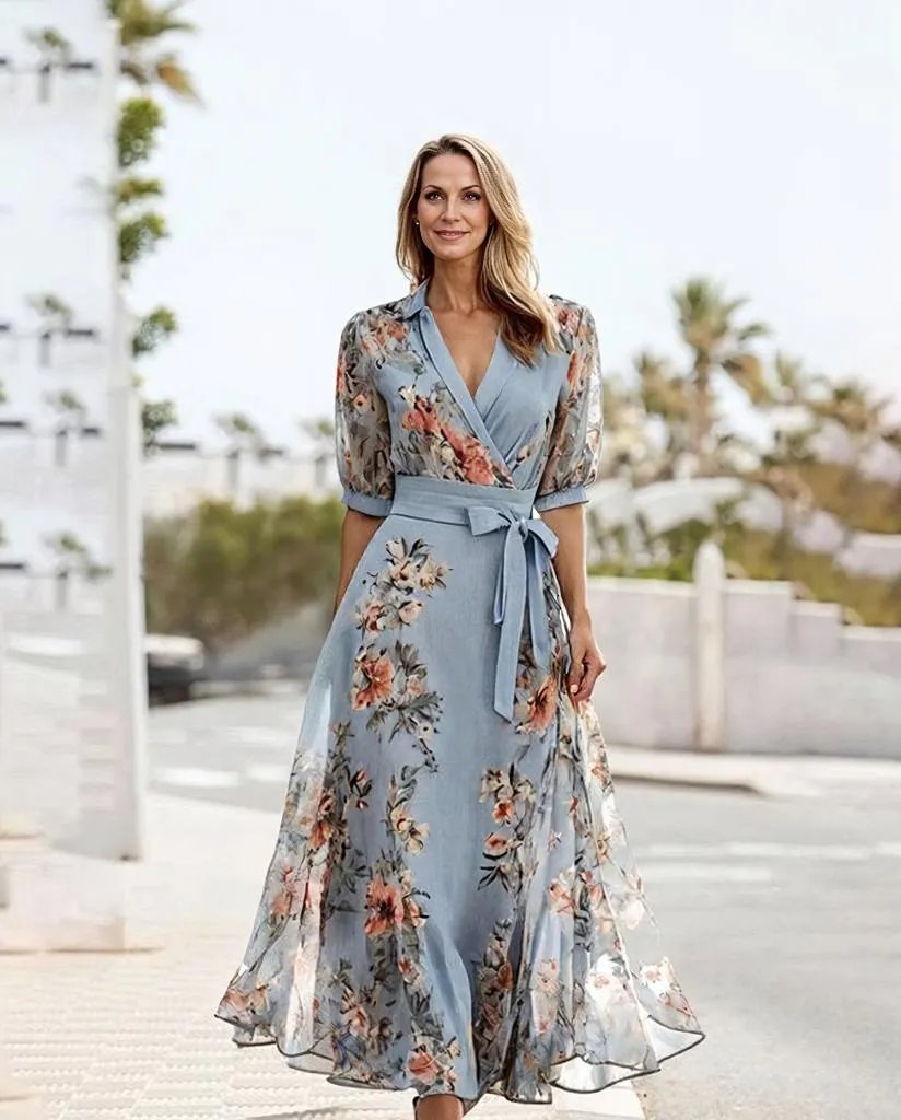 Levoire | Robe Midi À Manches Courtes Avec Un Élégant Décolleté En V Bleu