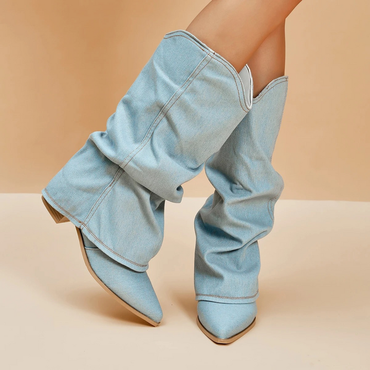 Levoire | Bottes En Denim Plissées À Talon Bloc