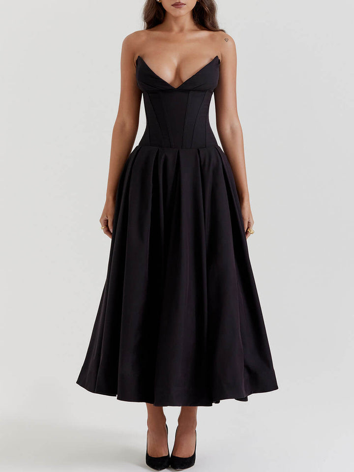 Levoire | Robe Midi Élégante Noire Sans Épaules