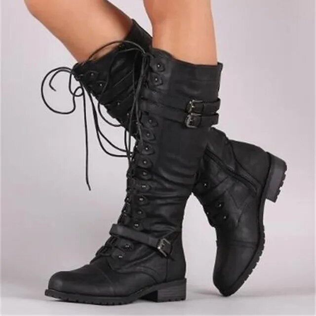 Levoire | Bottes Hautes Pour Femmes Avec Lacets Et Bandoulières Décoratives Noir