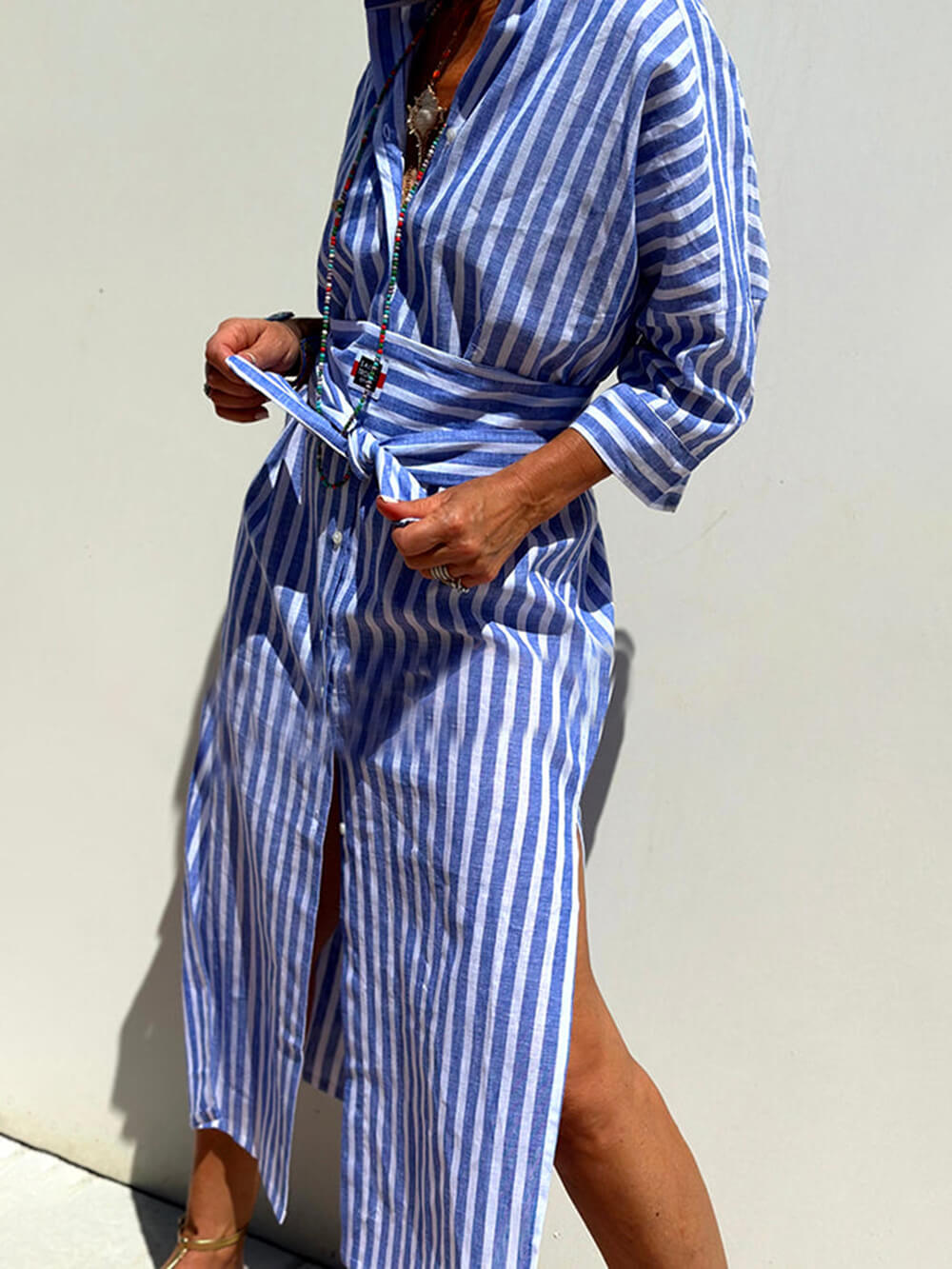 Levoire | Robe Chemisier Midi Rayée Avec Ceinture Pour Femmes