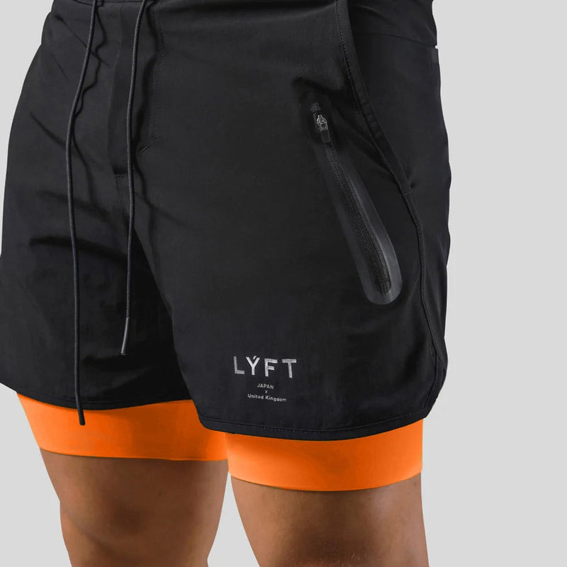 Levoire | Hommes 2 en 1 Pantalon de sport Entraînement Fitness Leggings à double couche Pour hommes Noir-Orange avec logo