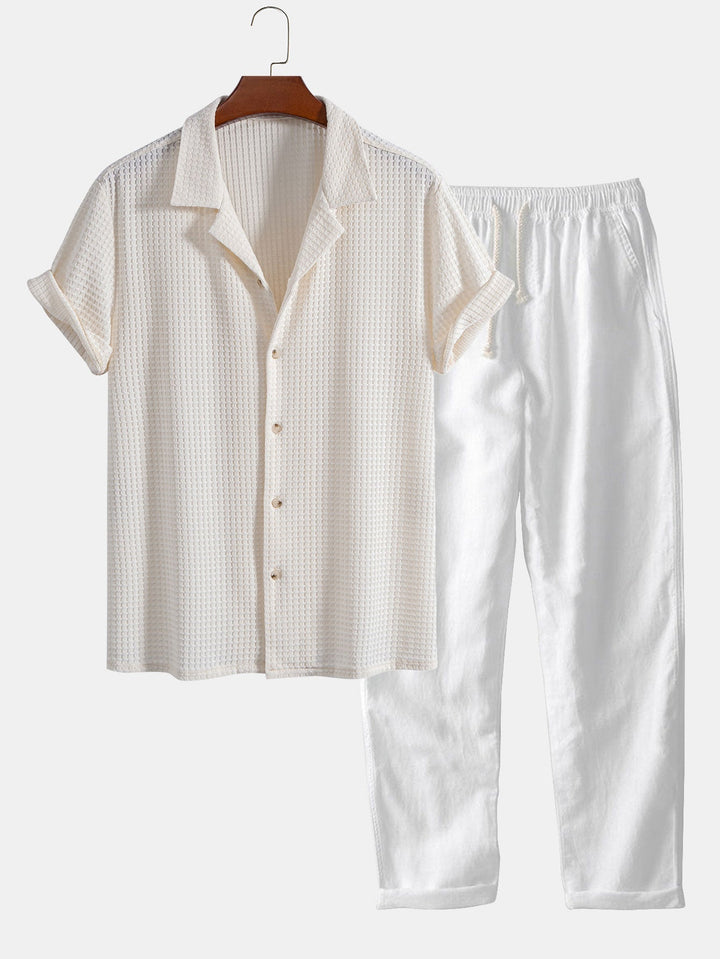 Levoire | Haut À Manches T-Shirt Waffle Cubain & Pantalons En Lin À Jambes Droites blanc