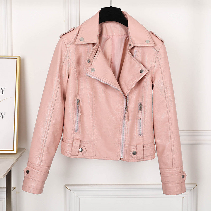 Levoire | Femme Slimfit Veste en Cuir Noire avec Revers et Fermeture Éclair pour Femmes Rosa