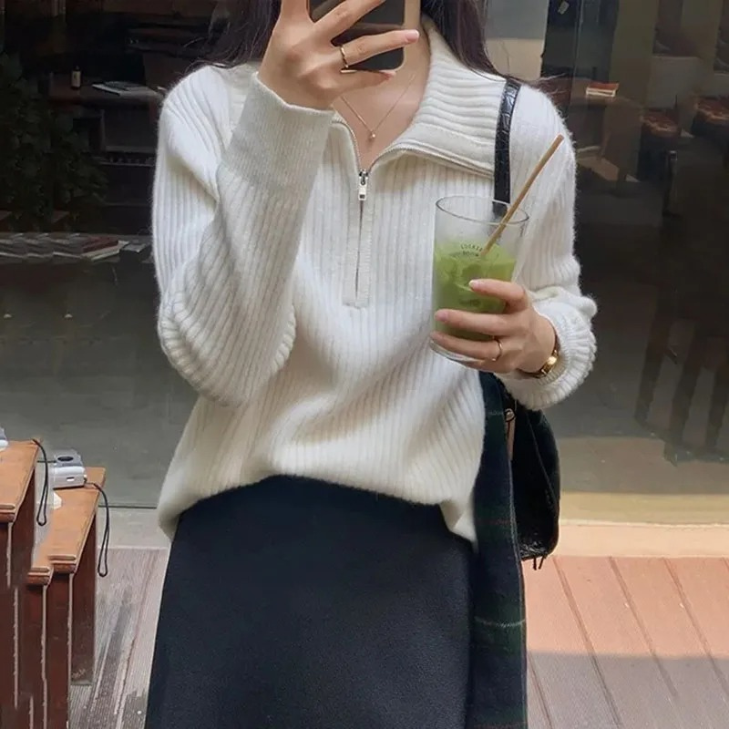 Levoire | Pull en tricot à fermeture éclair pour femmes, Coupe confortable Blanc