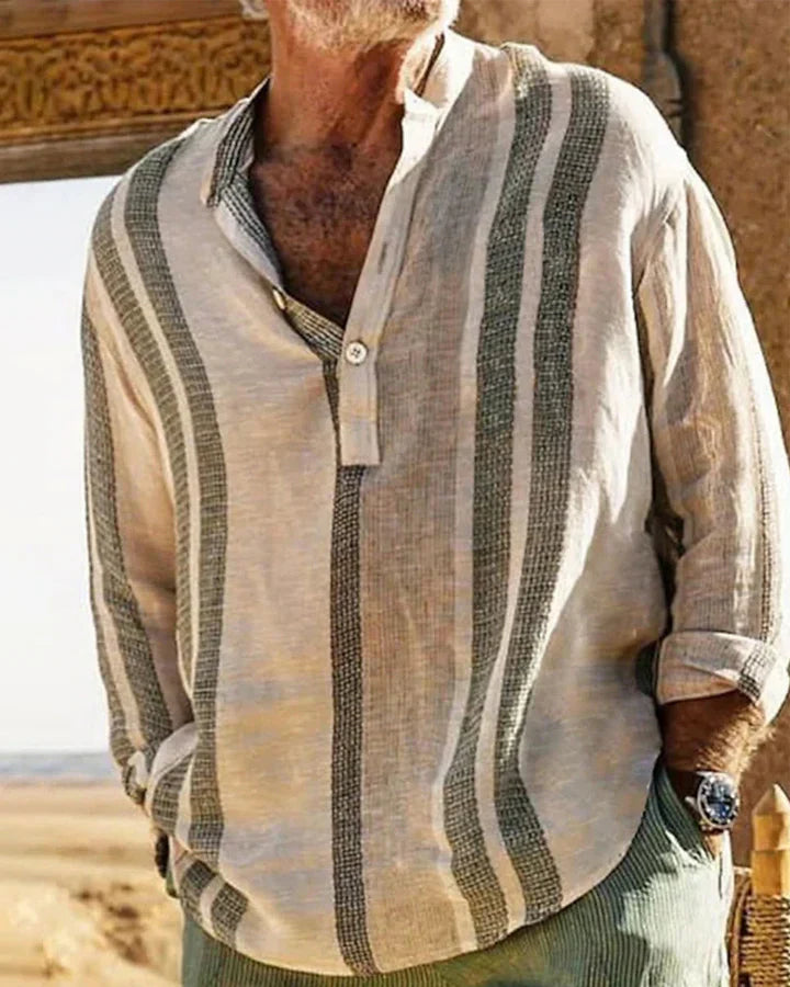 Levoire | Chemise En Lin À Rayures Et Col Grandad Kaki