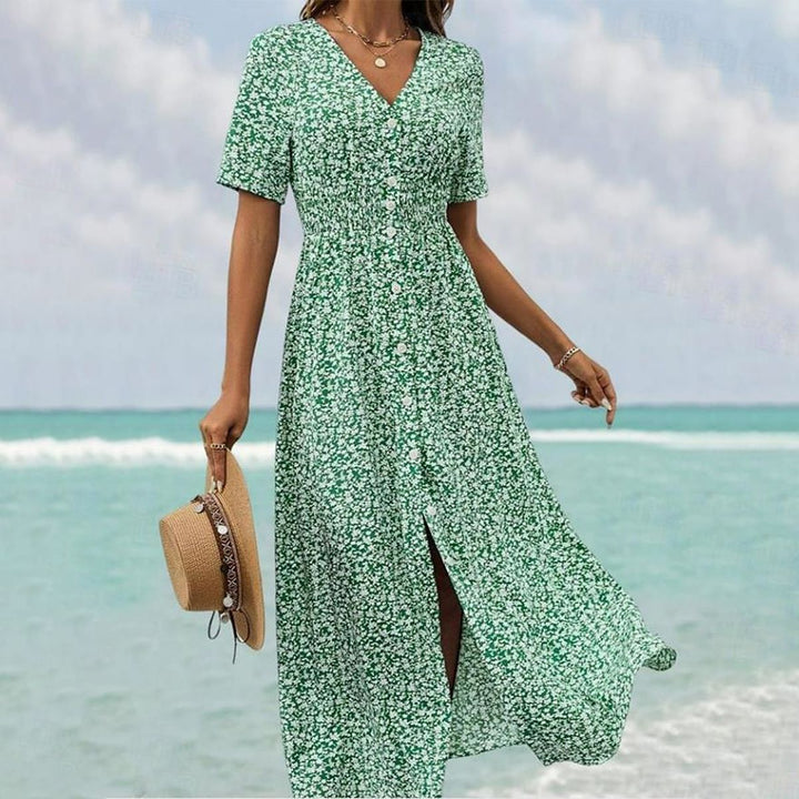 Levoire | Robe Maxi Pour Femmes Avec Manches Courtes Et Décolleté En V Vert